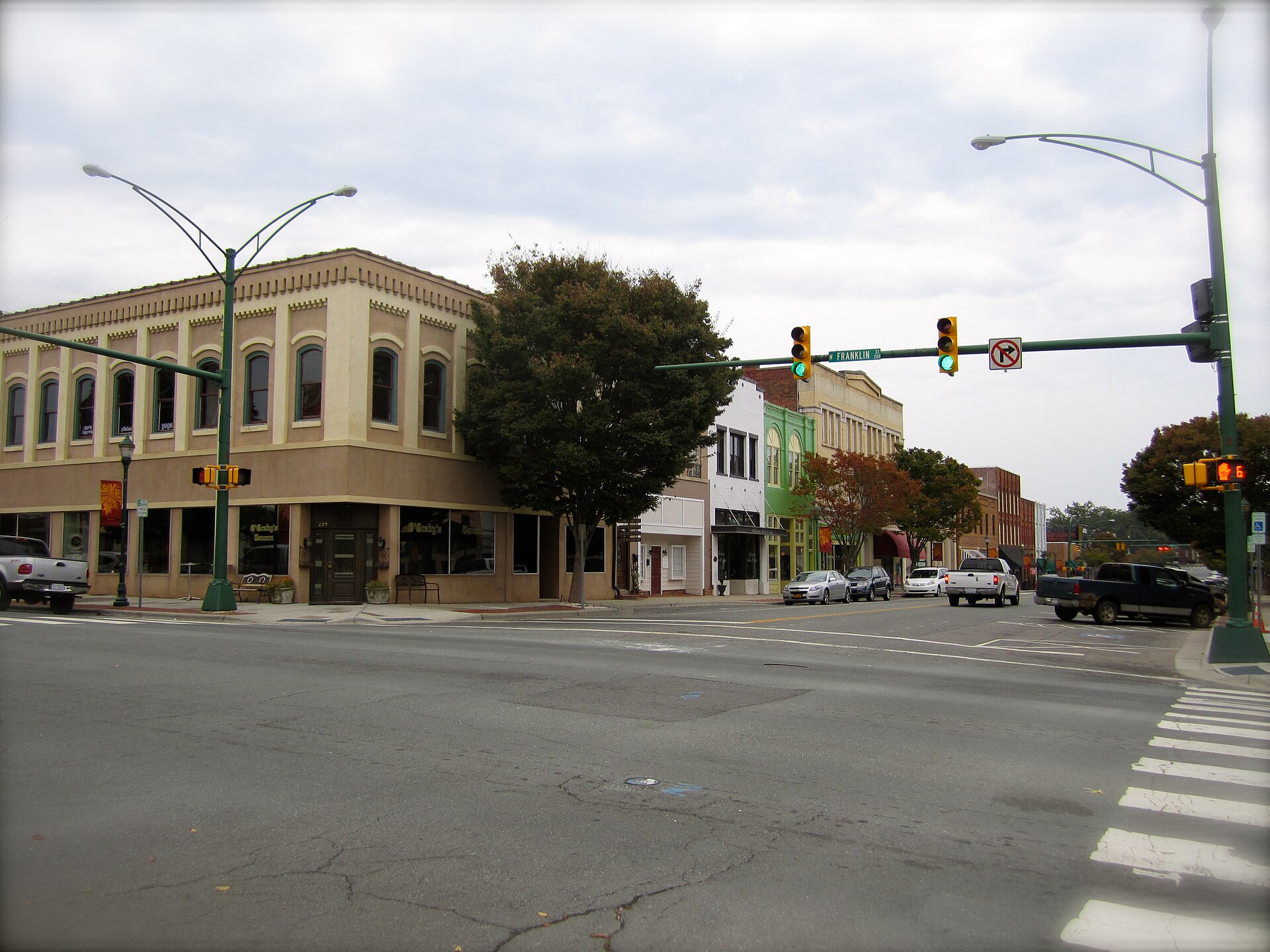 Main Street storefronts in Monroe's historic downtown in 2012