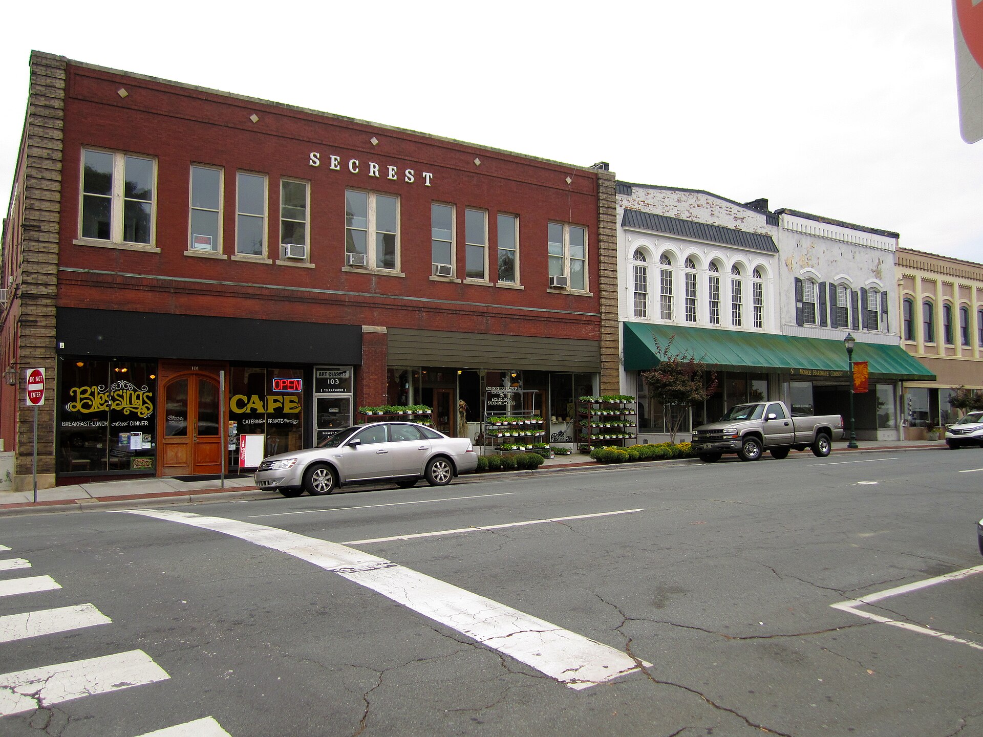 Historic Secrest Building and Monroe Hardware Company storefront in 2012