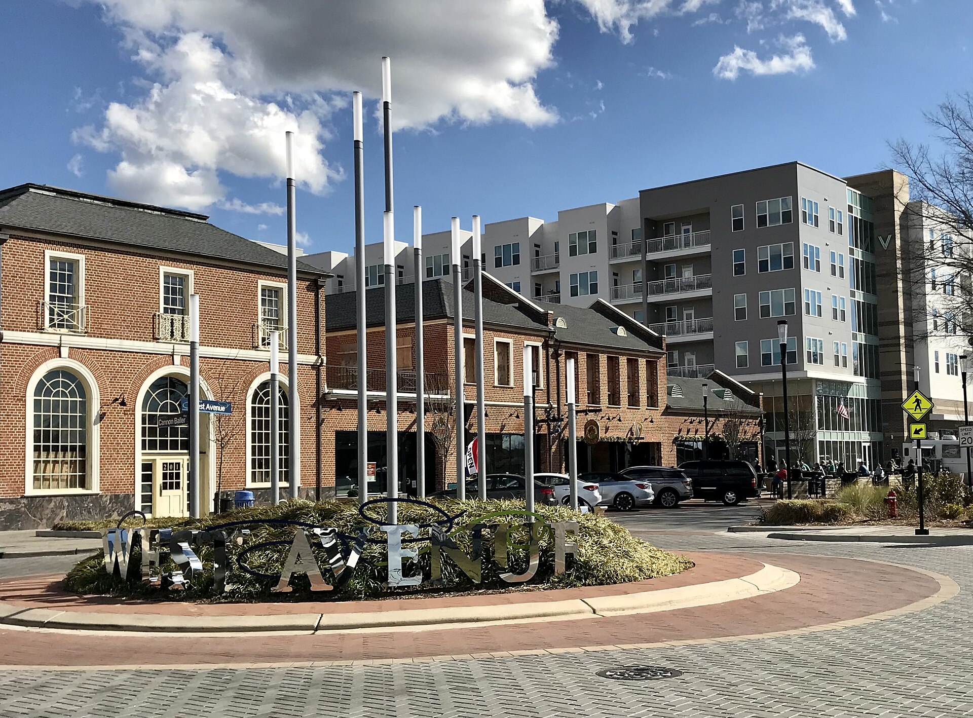 Traffic circle and storefronts on West Avenue in downtown Kannapolis, North Carolina