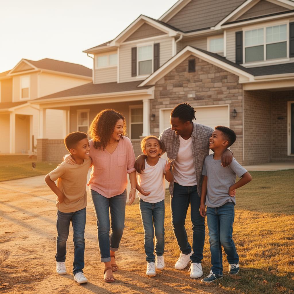 Family walking in front of a newly built Charlotte-area home at golden hour