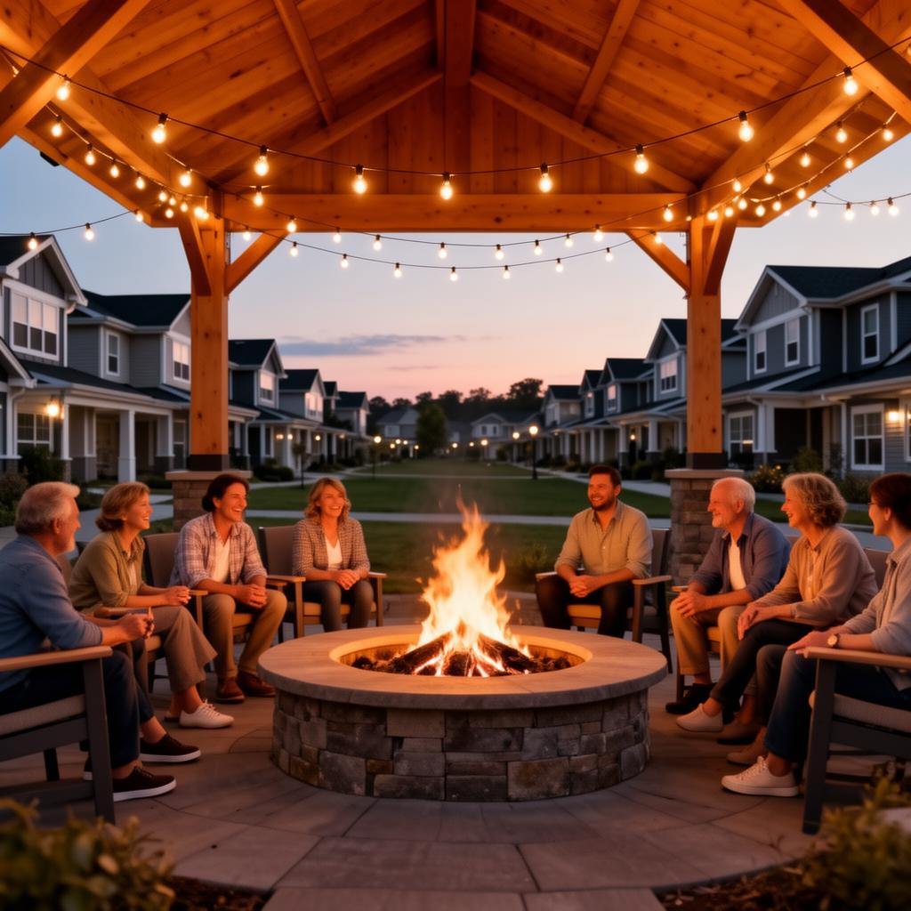 Neighbors gathered around a community fire pit pavilion at dusk